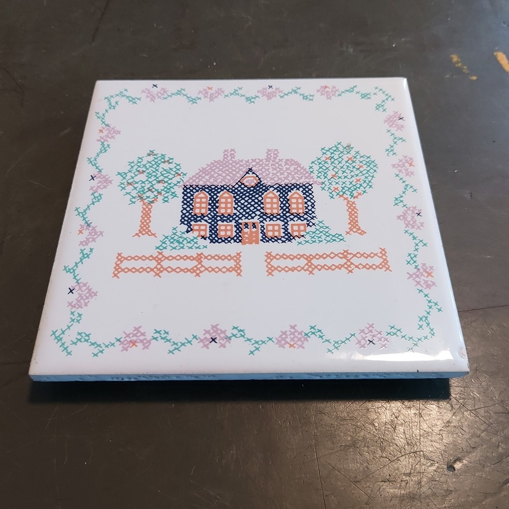 Vintage 1988 Albert E Price Cross Stitch House Ceramic Tile Trivet Wall Hanging
